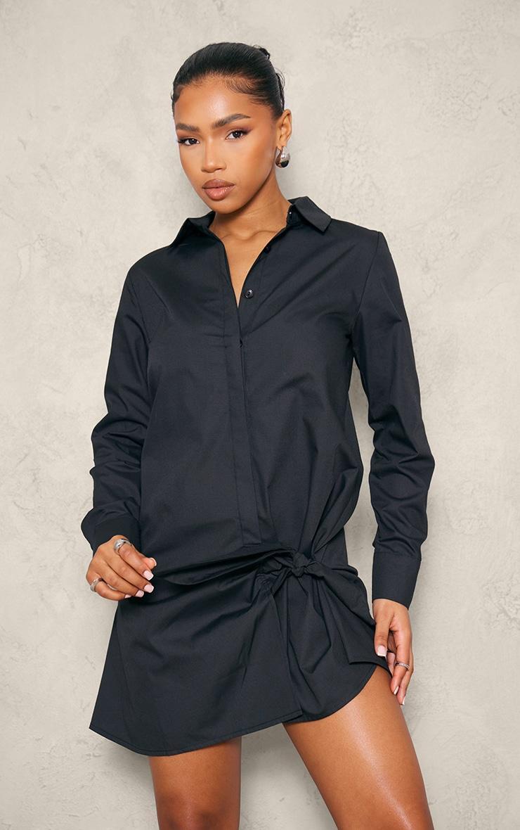 Black Cotton Poplin Knot Shirt Dress Product Image