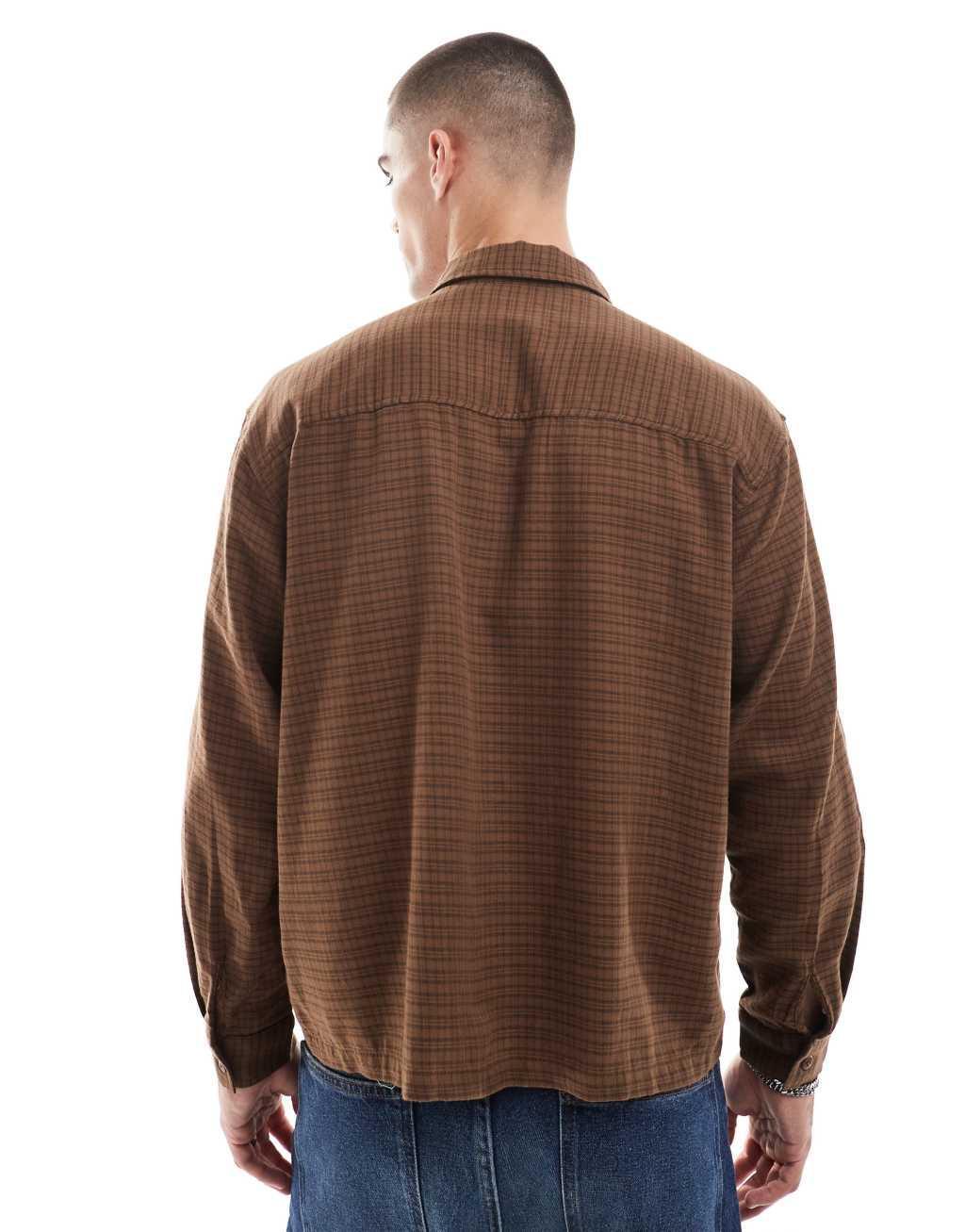 Pull&Bear mini check long sleeve shirt in brown Product Image