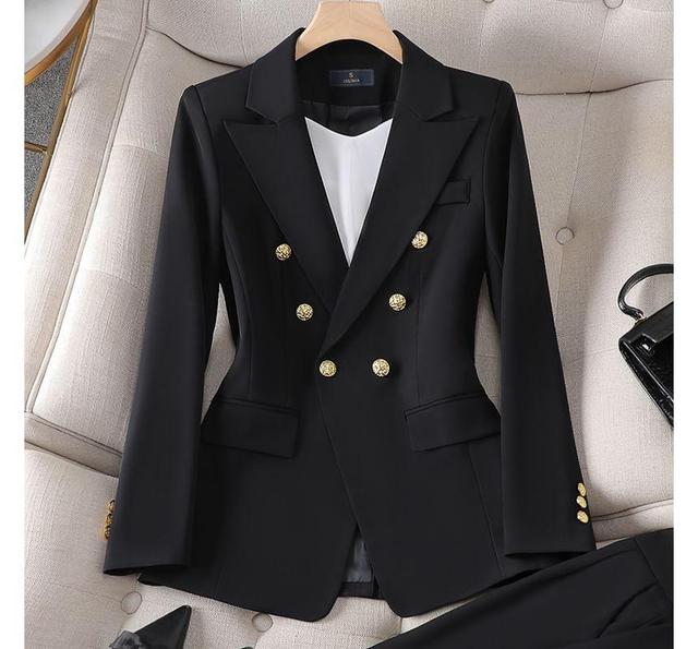 Plain Double-Breasted Blazer / High Waist Dress Pants / Set Product Image