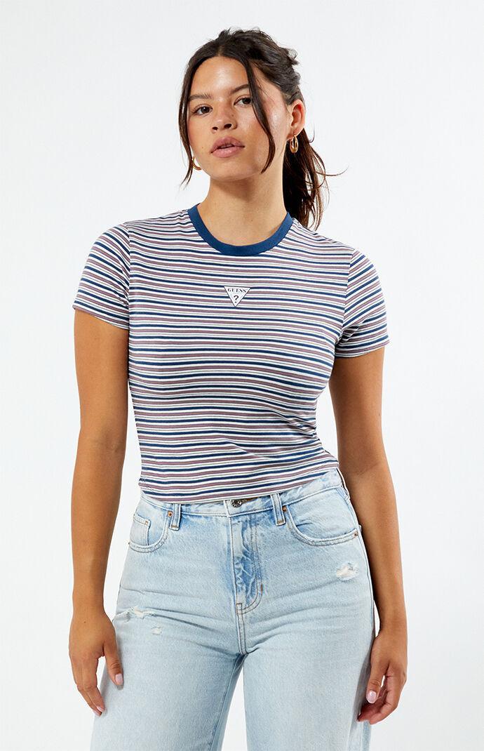 GUESS Originals Women's Core Striped Baby T-Shirt in Blue/White - Product Image