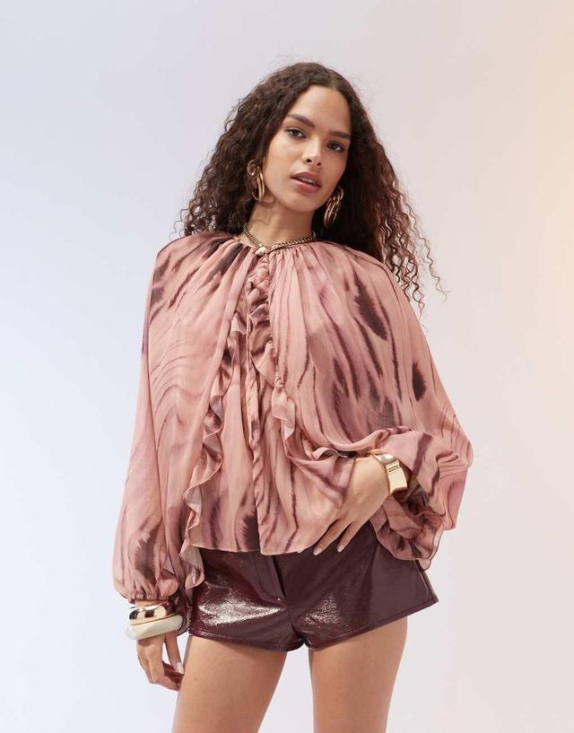 ASOS DESIGN ruffle detail cape sleeve chiffon top in woodland print Product Image