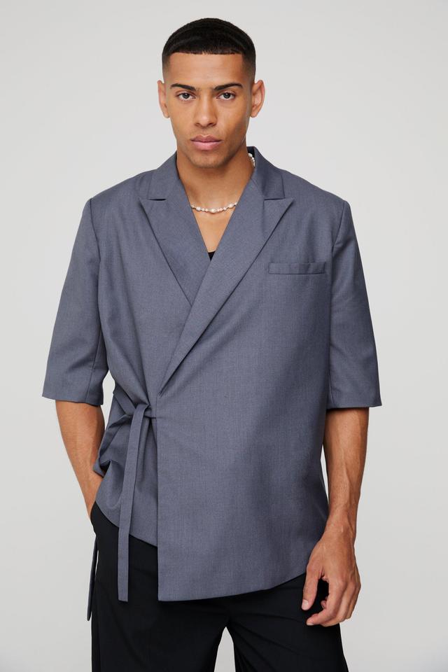 Mens Grey Short Sleeve Tie Side Oversized Blazer, Grey Product Image