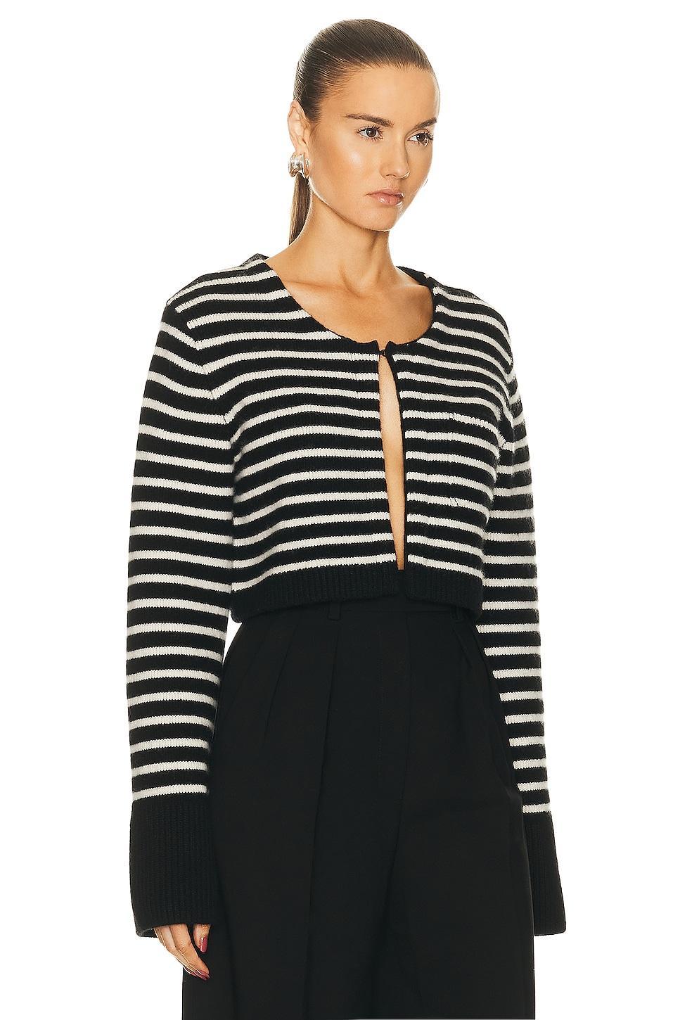 KHAITE Calix Cardigan in Black & Magnolia Stripe - Black. Size L (also in ). Product Image