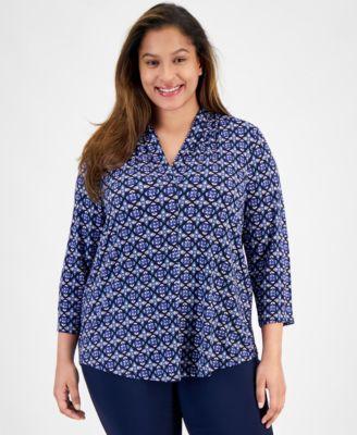 Plus Size V-Neck 3/4-Sleeve Top, Created for Macy's Product Image