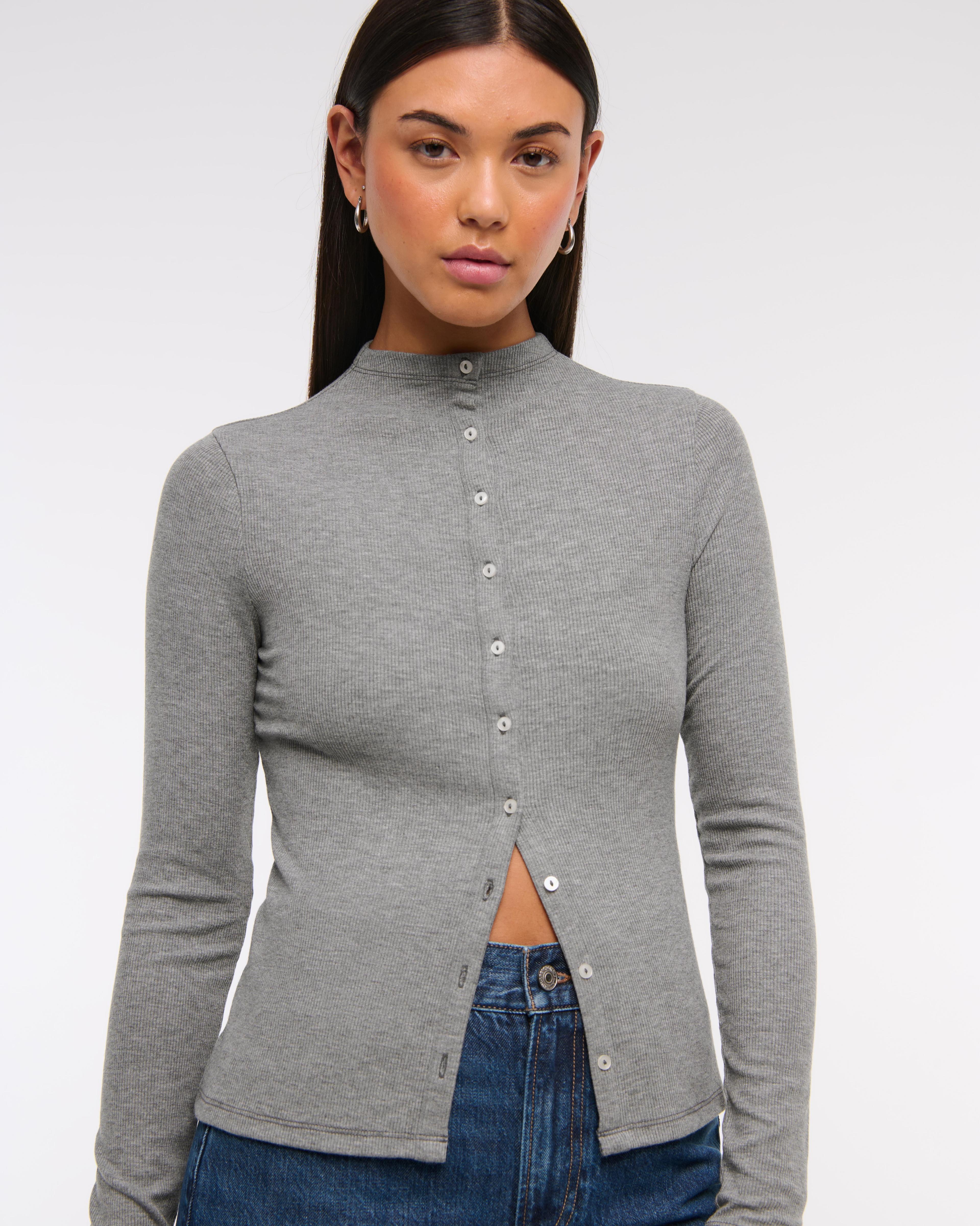 Long-Sleeve Mockneck Button-Through Top Product Image