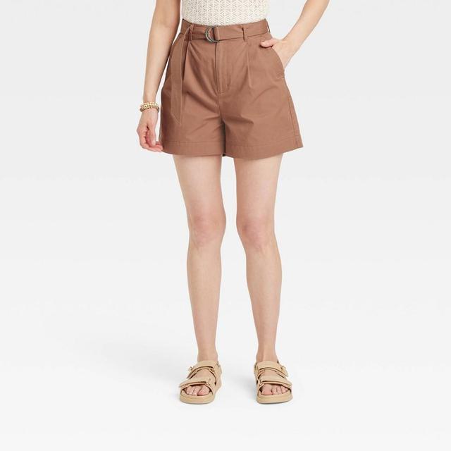 Womens High-Rise Belted Tailored Shorts - A New Day Brown 2 Product Image