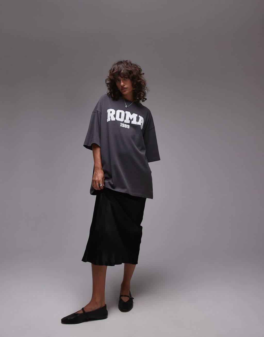 Topshop Roma 1989 graphic oversized tee in charcoal Product Image