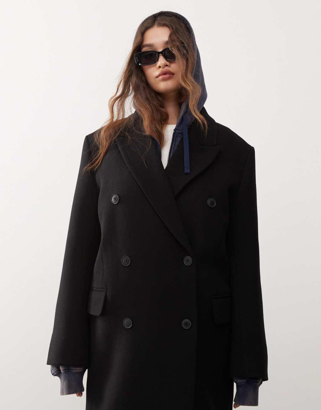 Weekday Logan wool blend oversized double breasted coat in black Product Image