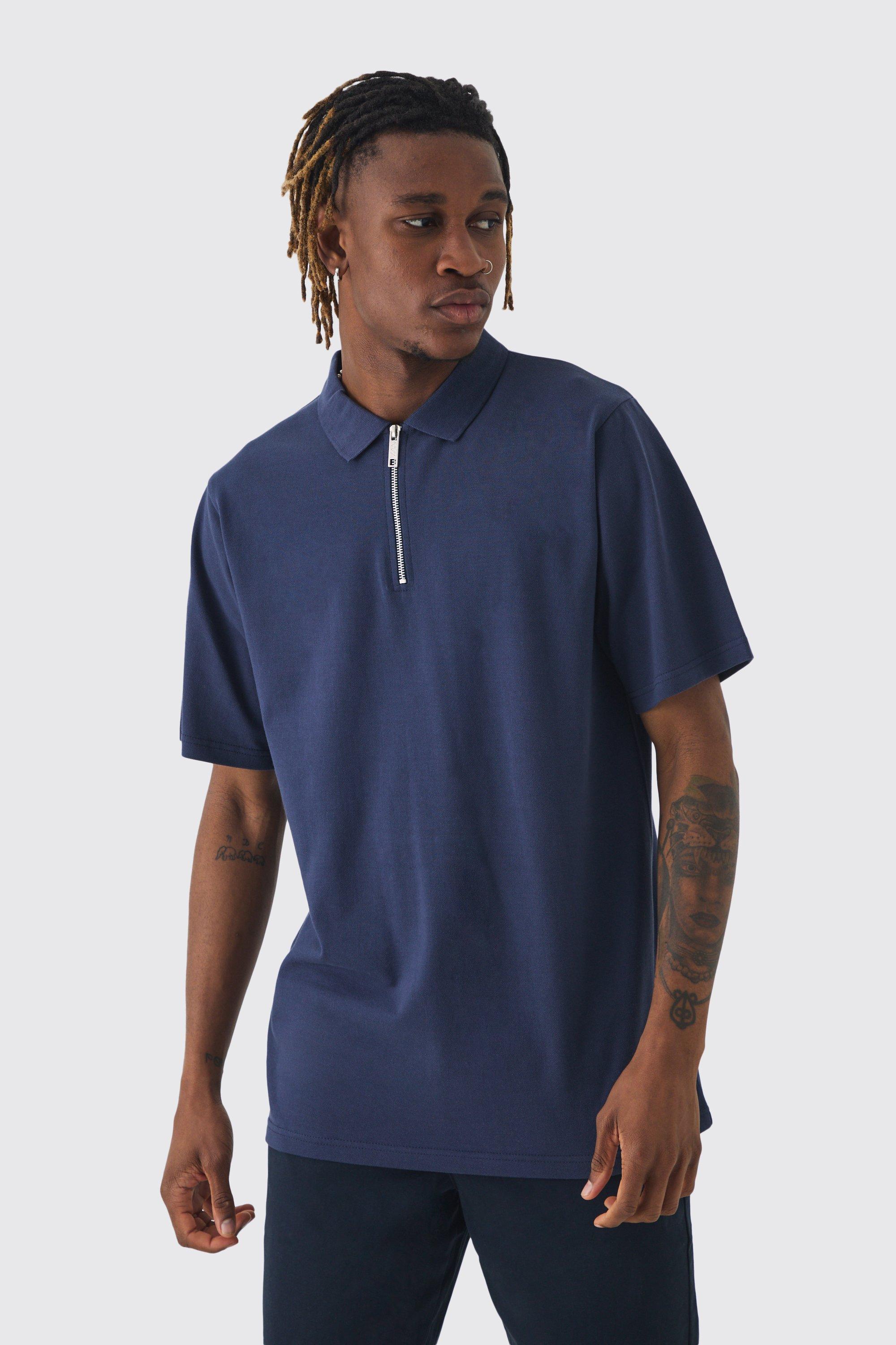 Tall Short Sleeve Pique Polo In Navy | boohooMAN USA Product Image