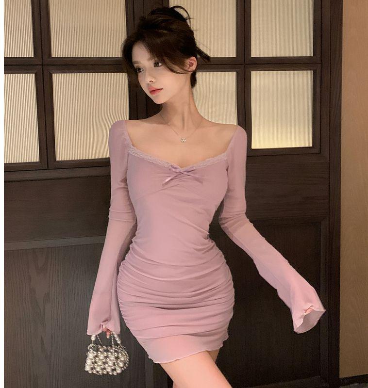 Long Sleeve Square Neck Plain Bow Ruched Mesh Mini Sheath Dress Product Image