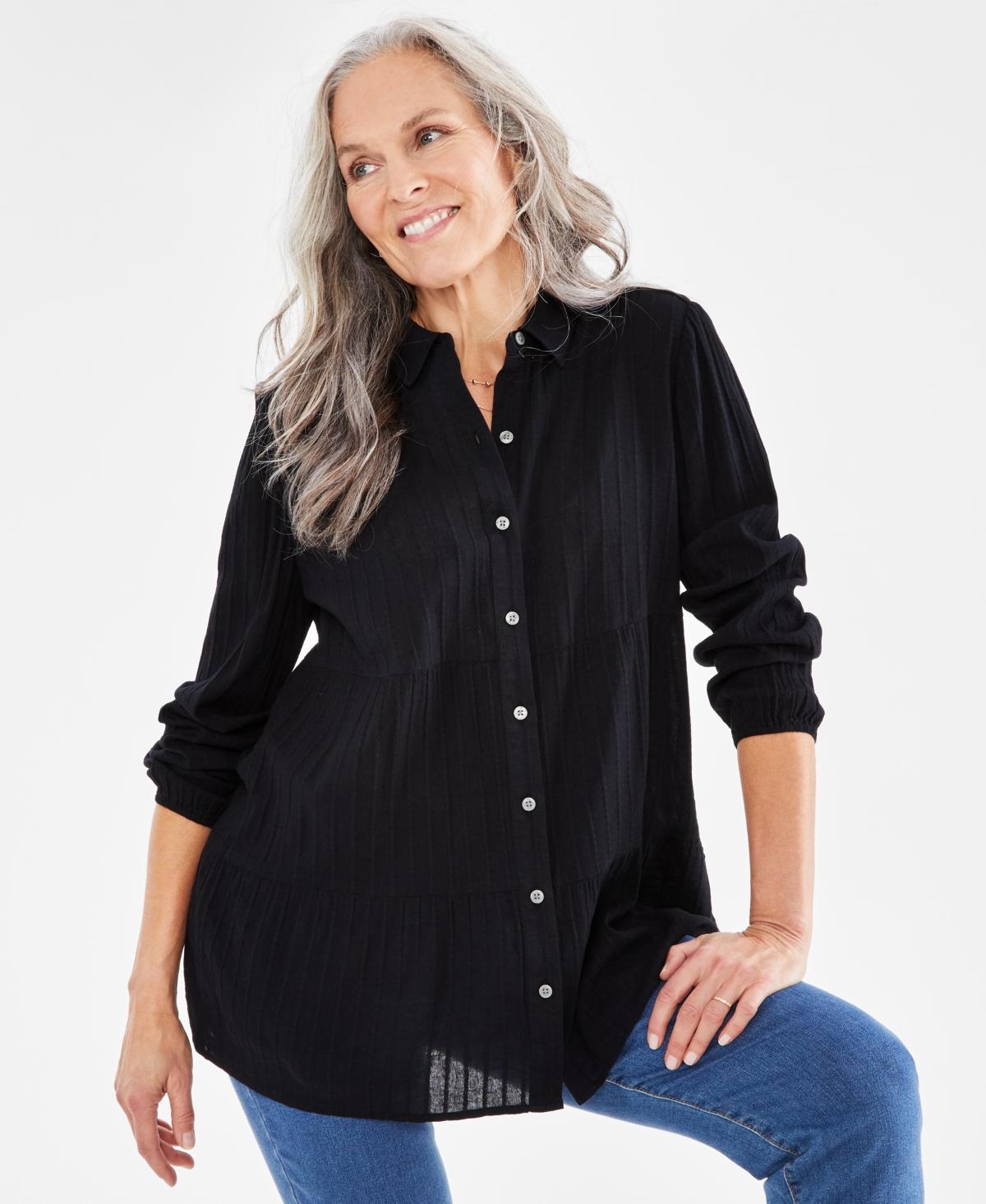 Style & Co Petite Tiered Button-Front Long-Sleeve Shirt, Created for Macys Product Image