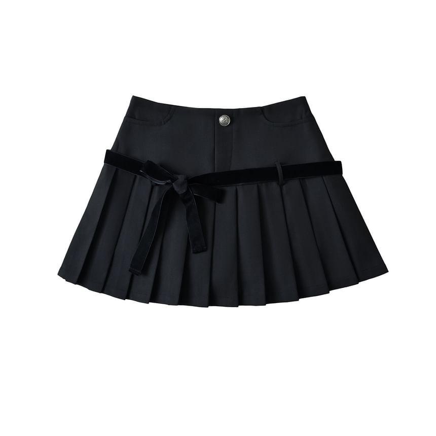 High Rise Bow Pleated Mini A-Line Skirt Product Image