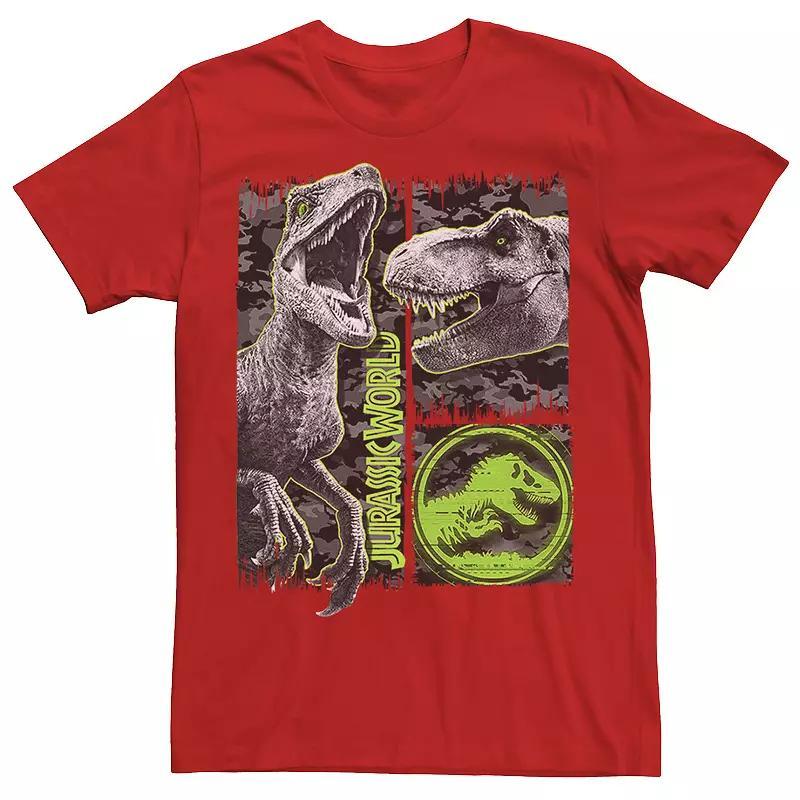 Mens Jurassic World Two Raptor T-Rex Camo Scratch Tee Red Grey Product Image