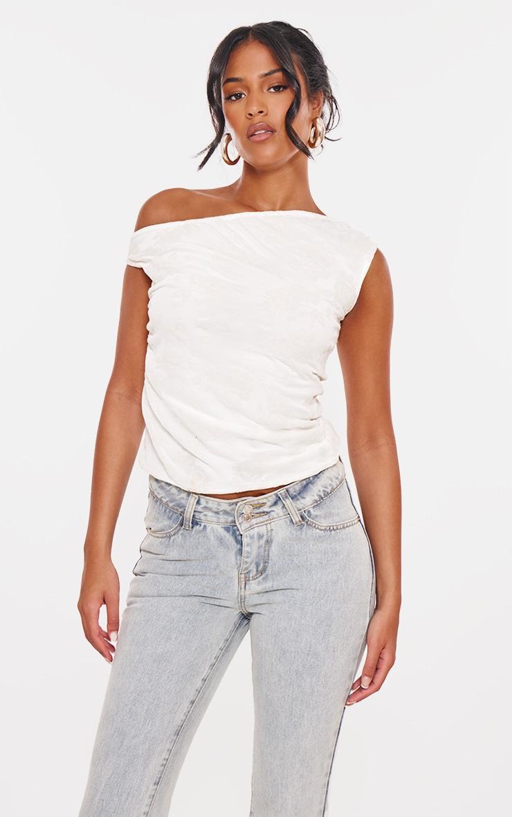 Tall Cream Devore Asymmetric Off The Shoulder Top Product Image