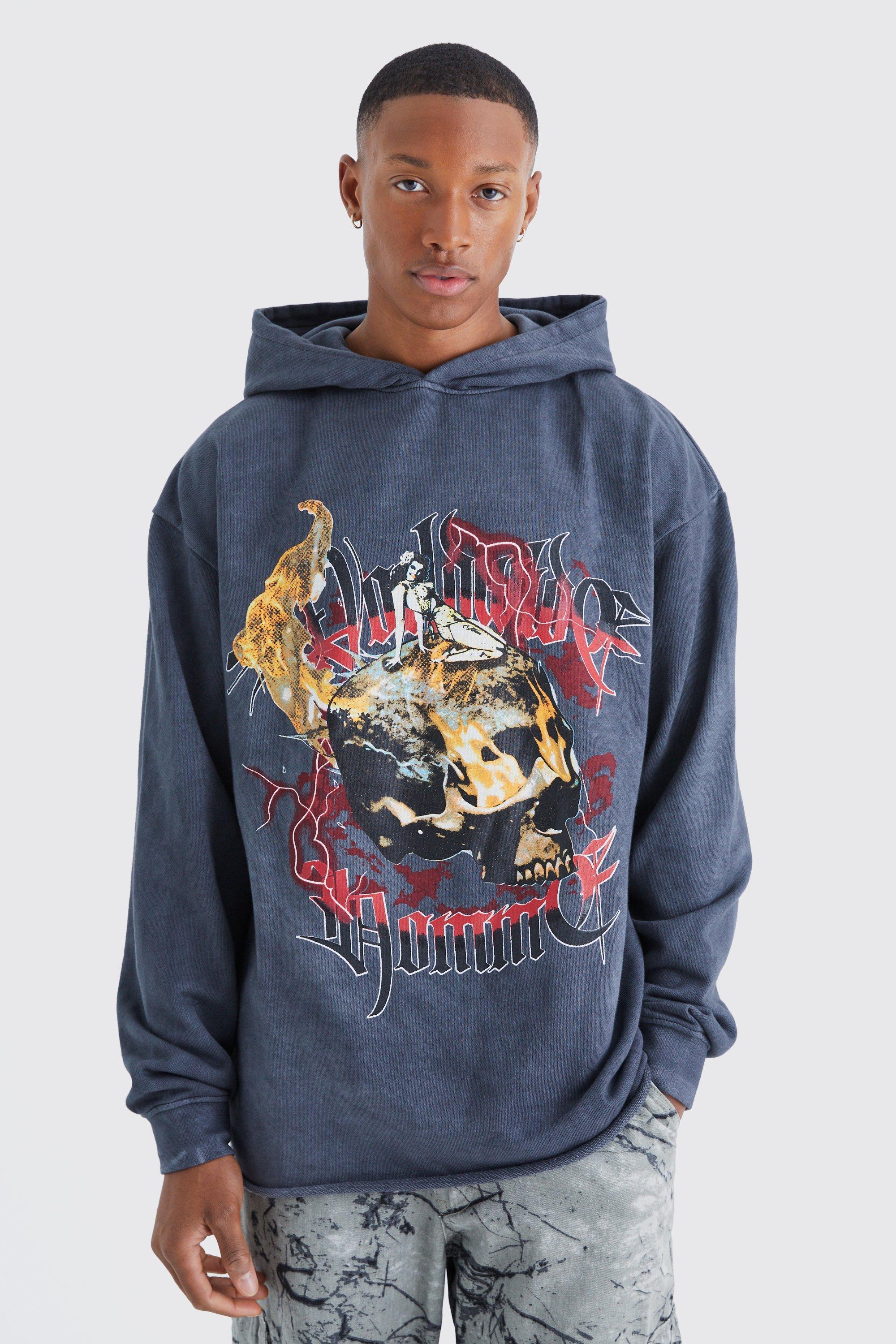 Oversized Raw Hem Washed Loopback Graphic Hoodie | boohooMAN USA Product Image