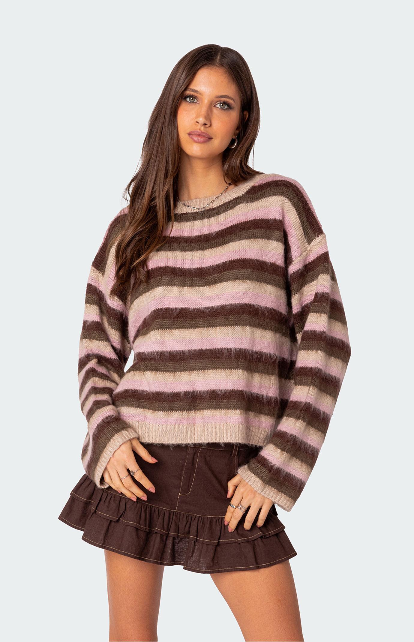 Edikted Women's Oversized Fuzzy Striped Sweater - Product Image