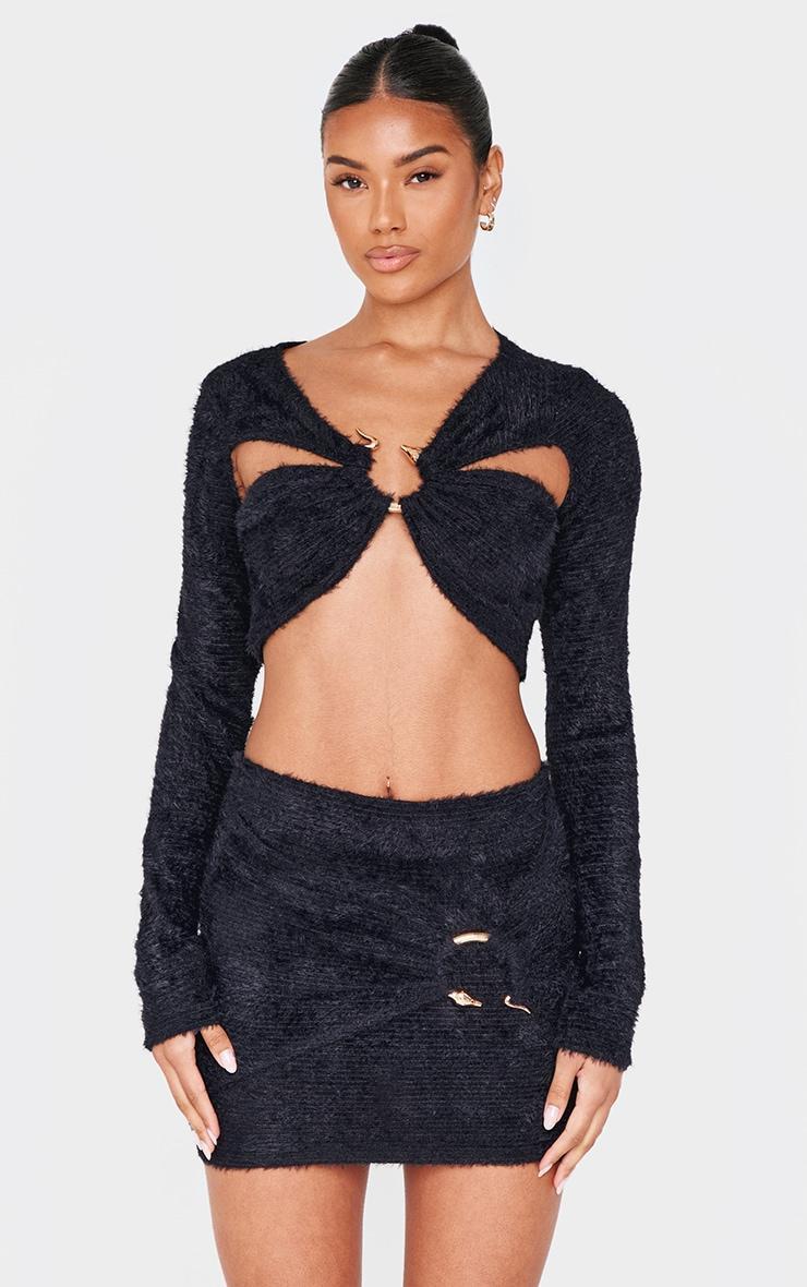 Black Fluffy Textured Trim Detail Crop Top product image