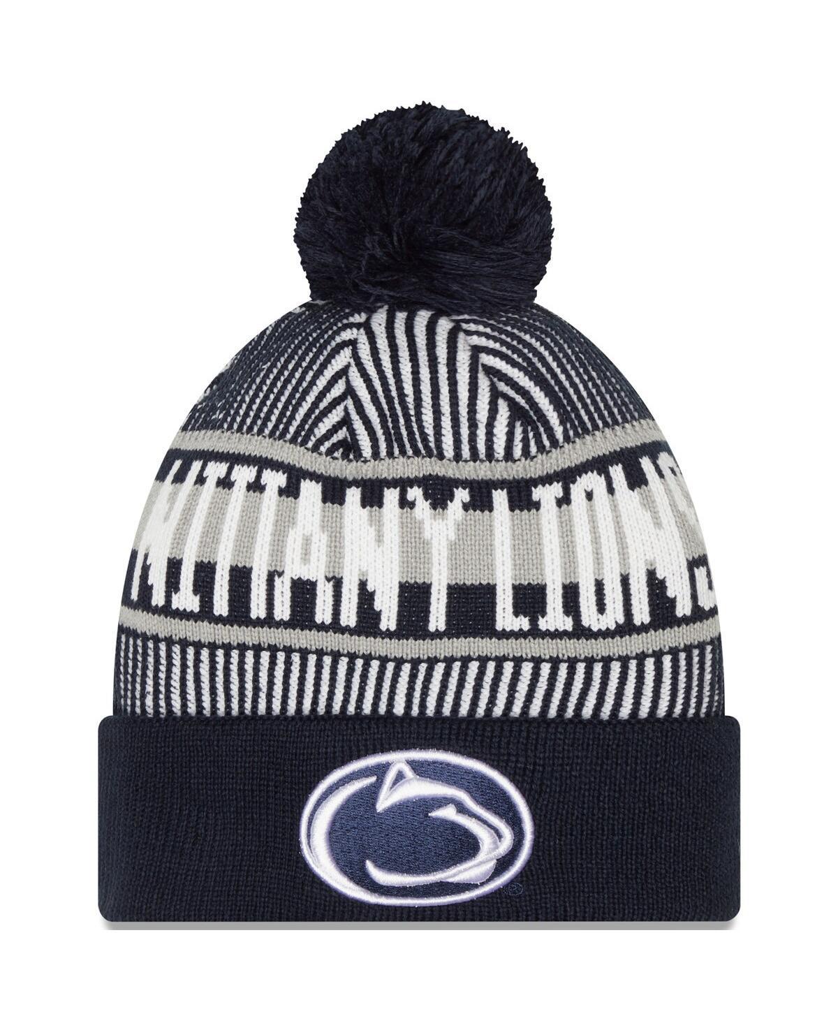 Mens New Era Navy Penn State Nittany Lions Logo Striped Cuff Knit Hat with Pom Product Image