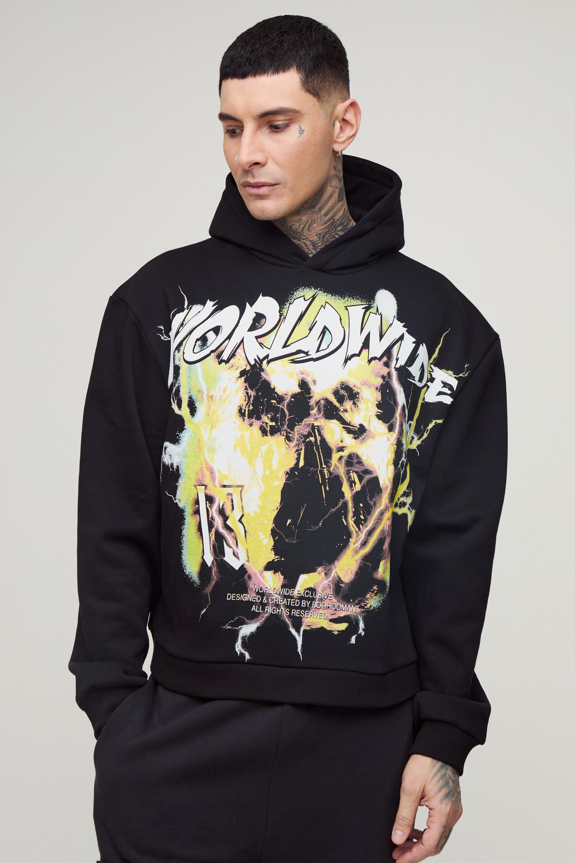 Tall Oversized Boxy Worldwide Large Scale Print Hoodie | boohooMAN USA Product Image