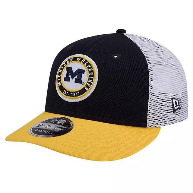 Mens New Era Michigan Wolverines Throwback Circle Patch 9FIFTY Trucker Snapback Hat, Blue Product Image