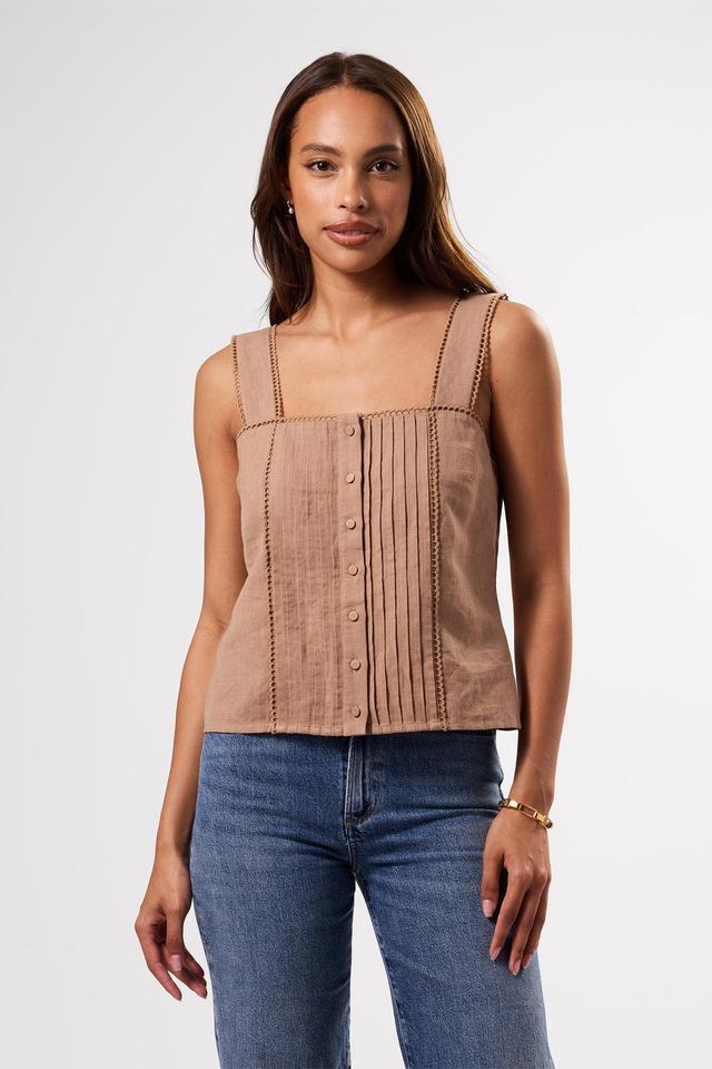 Crochet Trim Cotton Linen Tank - Sand Product Image