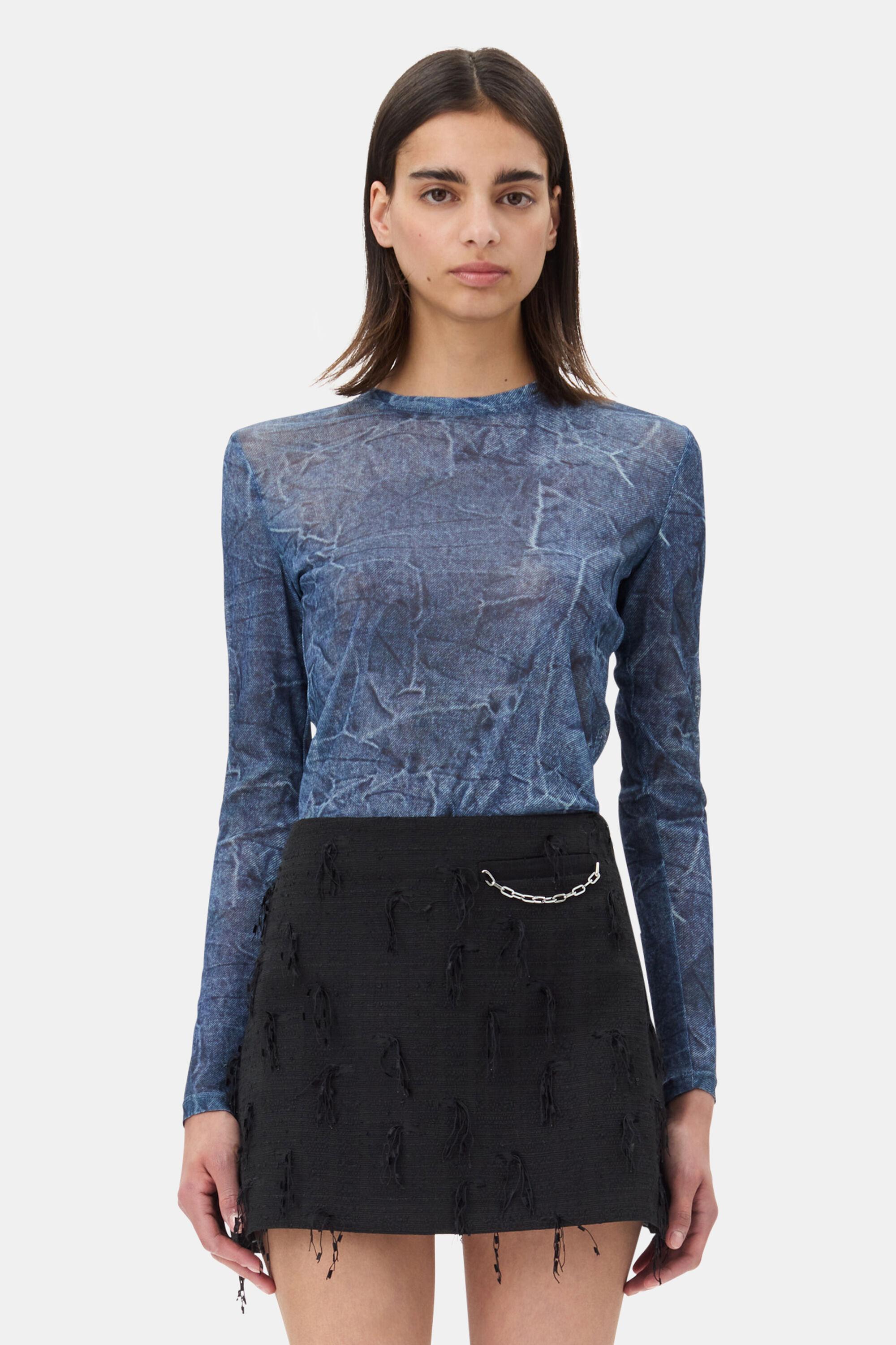 Blue Printed Mesh Long Sleeve Blouse Product Image