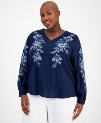 Plus Size Embroidered V-Neck Blouson-Sleeve Top, Created for Macy's Product Image