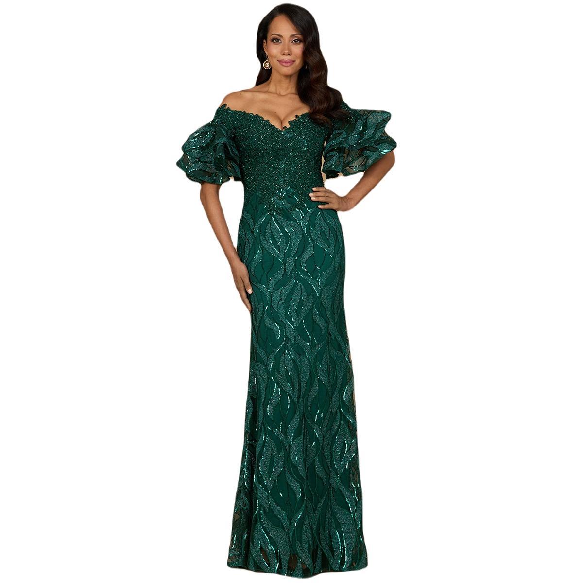 Lara Womens Off shoulder mermaid beaded gown with tiered sleeves Product Image