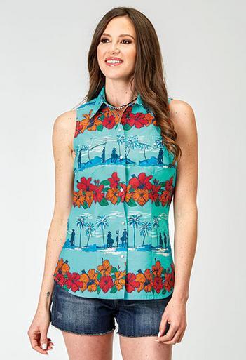 Roper® Ladies' Sleeveless Turquoise Hawaiian Print Snap Shirt Product Image