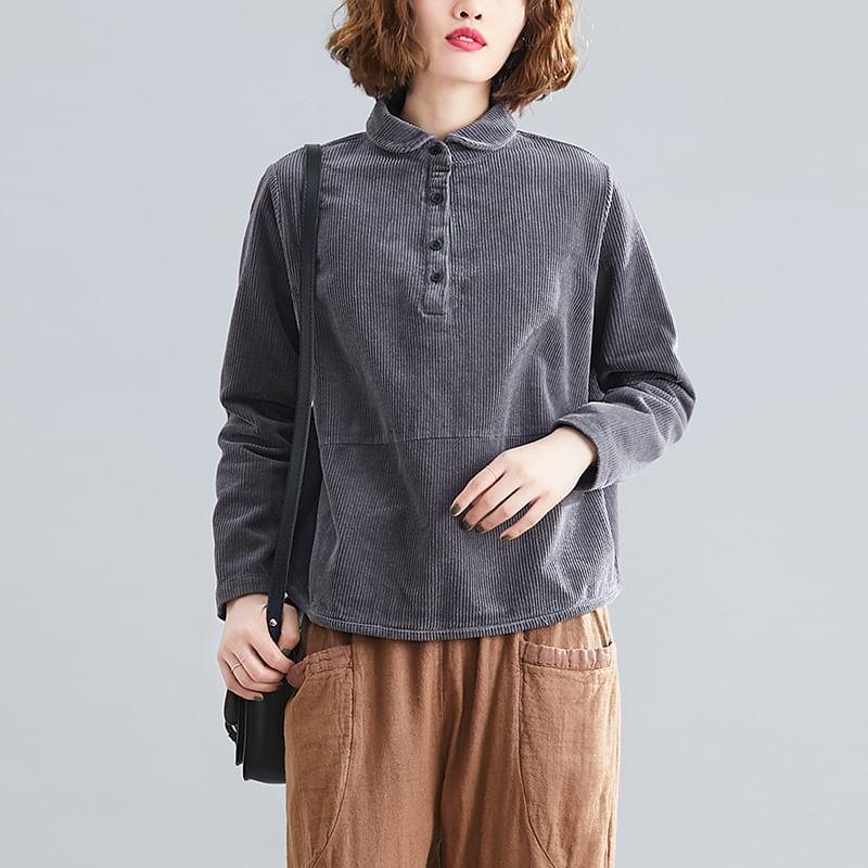 Long-Sleeve Half Buttoned Corduroy Blouse Product Image