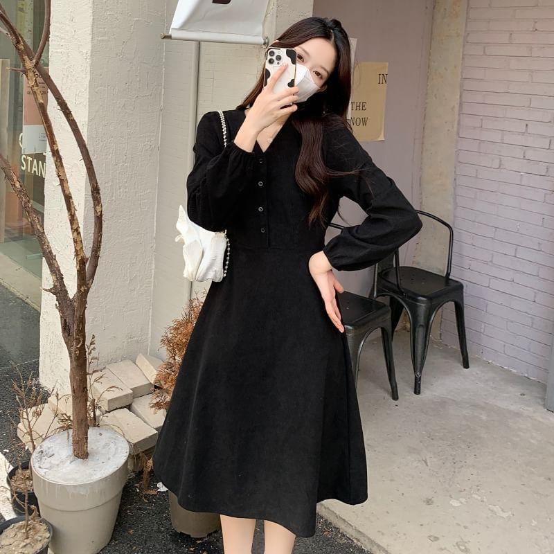 Long Sleeve V-Neck Plain Button Midi A-Line Dress Product Image