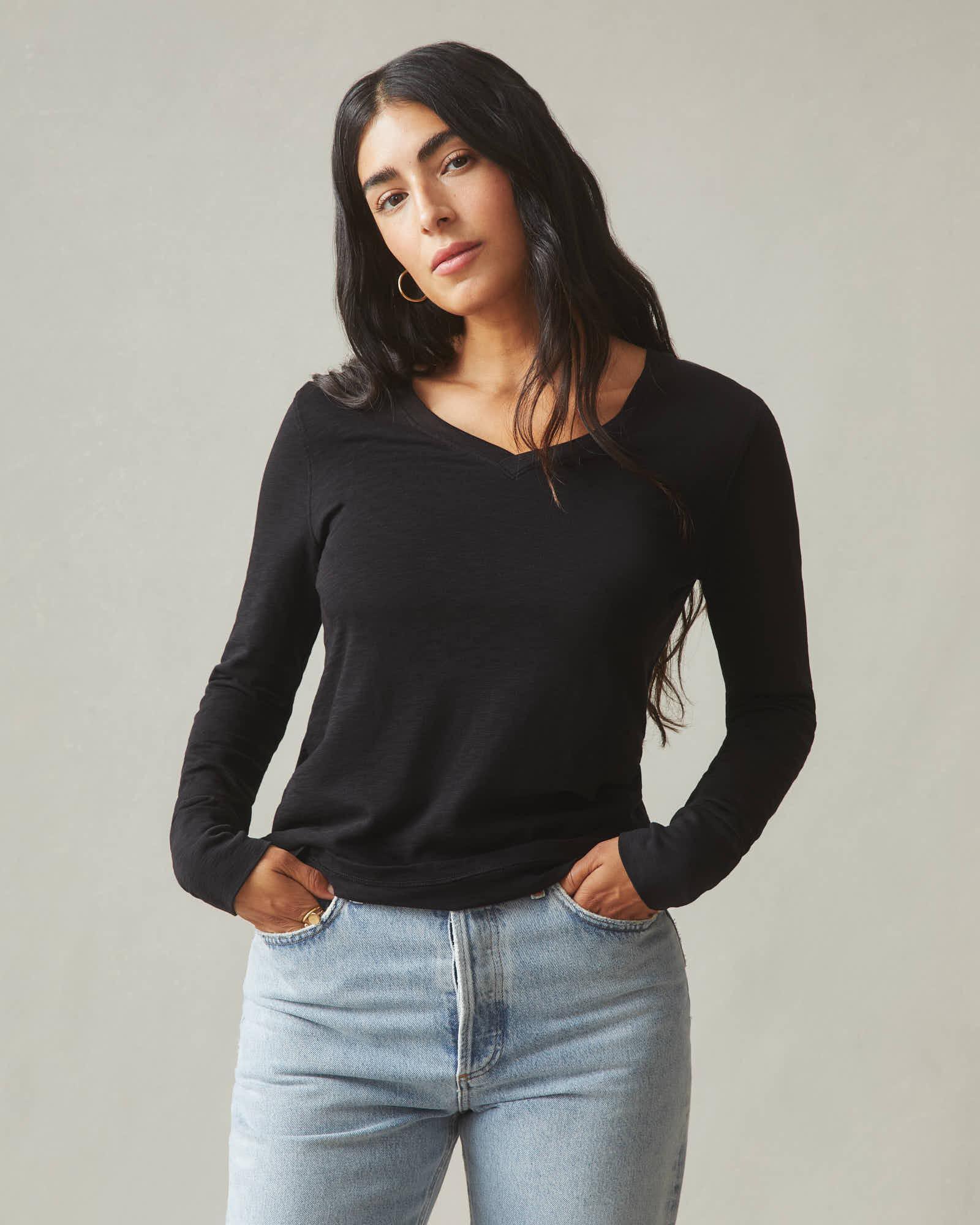 Premium Slub V-Neck Tee Long Sleeve - Black Female Product Image