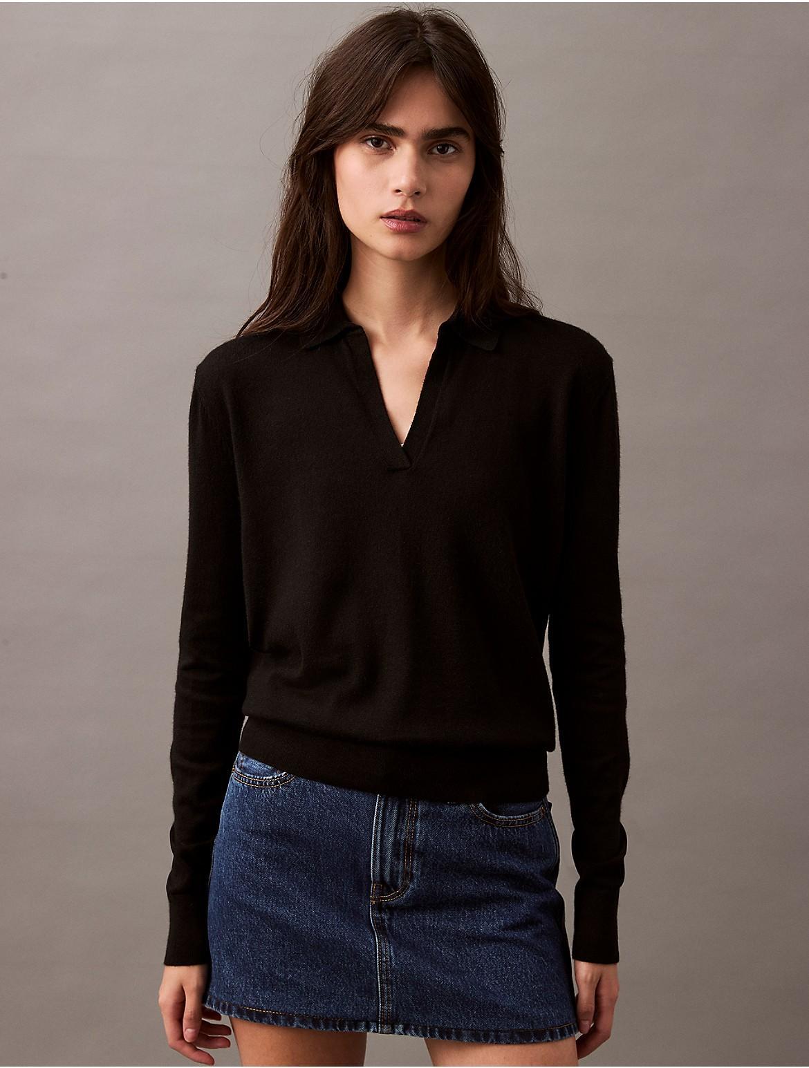 Calvin Klein Womens Extra Fine Merino Blend Polo Sweater - Black - XS Product Image