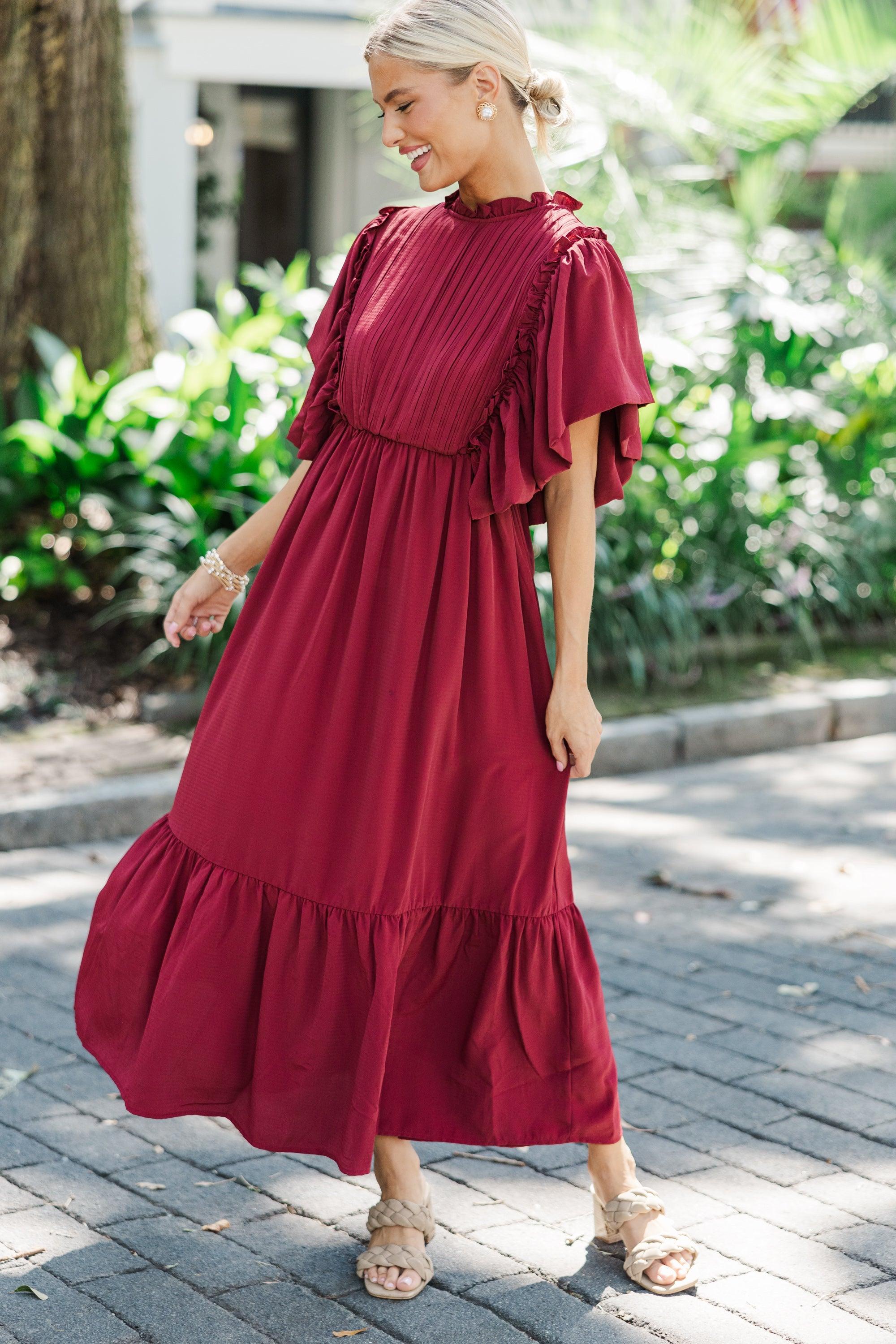 All The Good Burgundy Red Ruffled Midi Dress Female Product Image