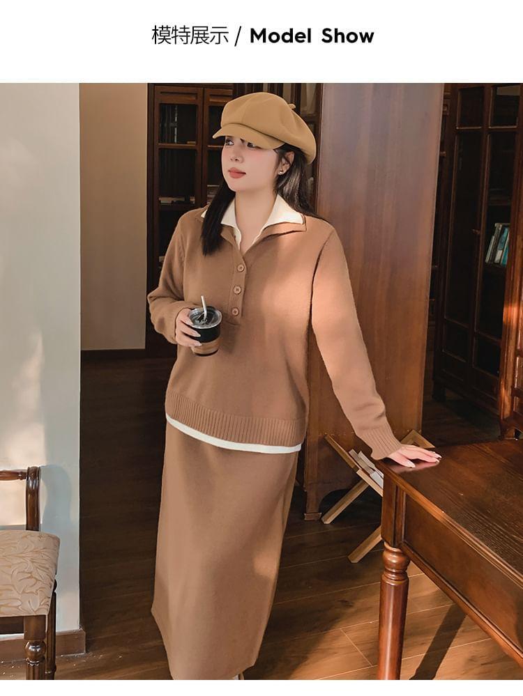 Set: Collared Mock Two Piece Button Sweater + High Waist Plain Knit Maxi Straight Skirt Product Image