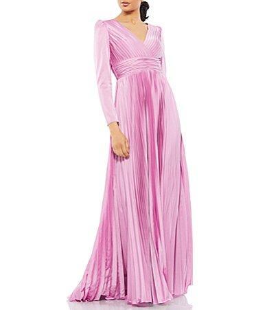 Mac Duggal Long Sleeve Pleated Chiffon A-Line Gown Product Image