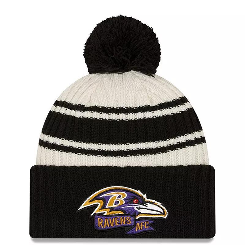 Mens New Era Cream/Black Baltimore Ravens 2022 Sideline Sport Cuffed Pom Knit Hat Product Image