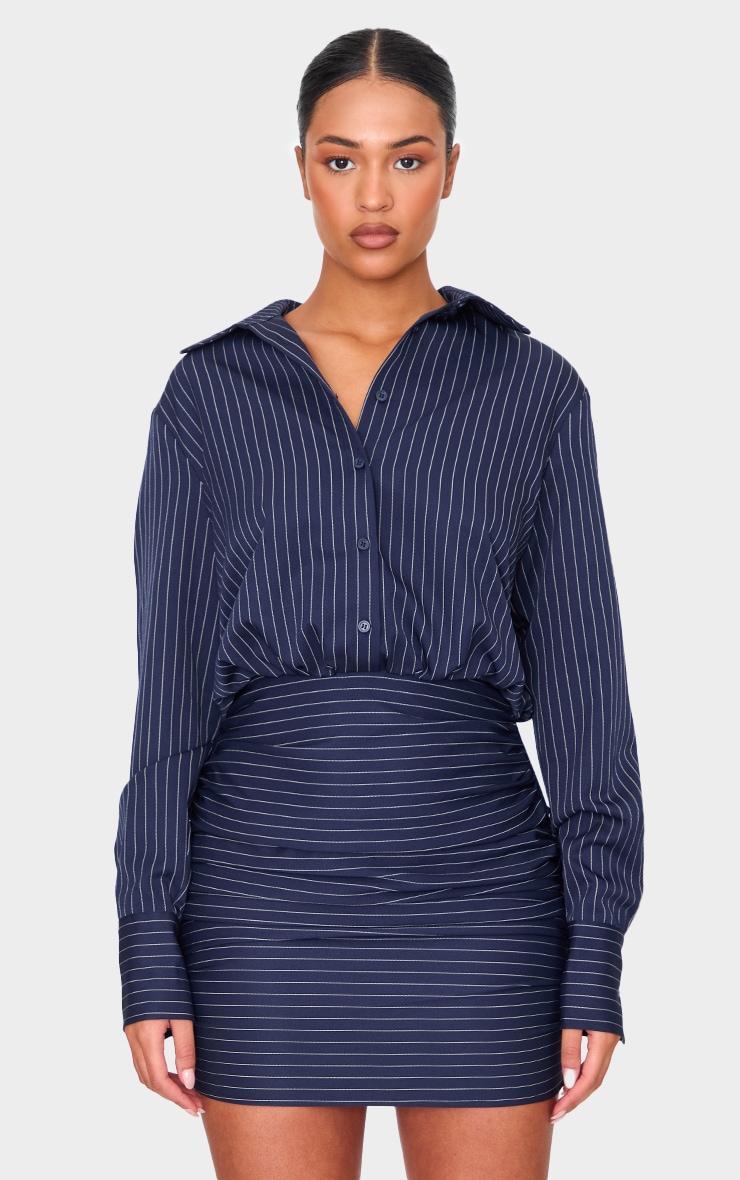 Tall Navy Pinstripe Shirt Ruched Mini Dress Product Image