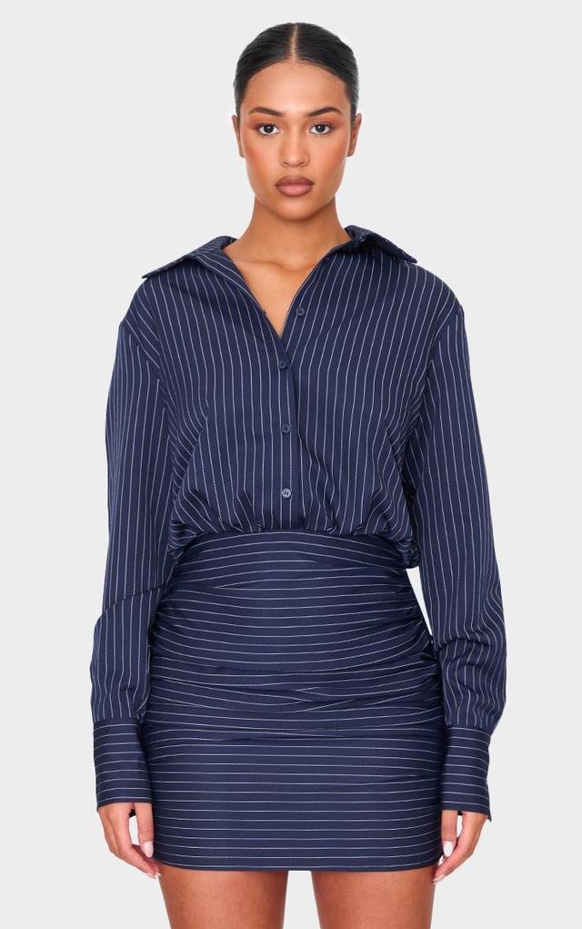 Tall Navy Pinstripe Shirt Ruched Mini Dress Product Image