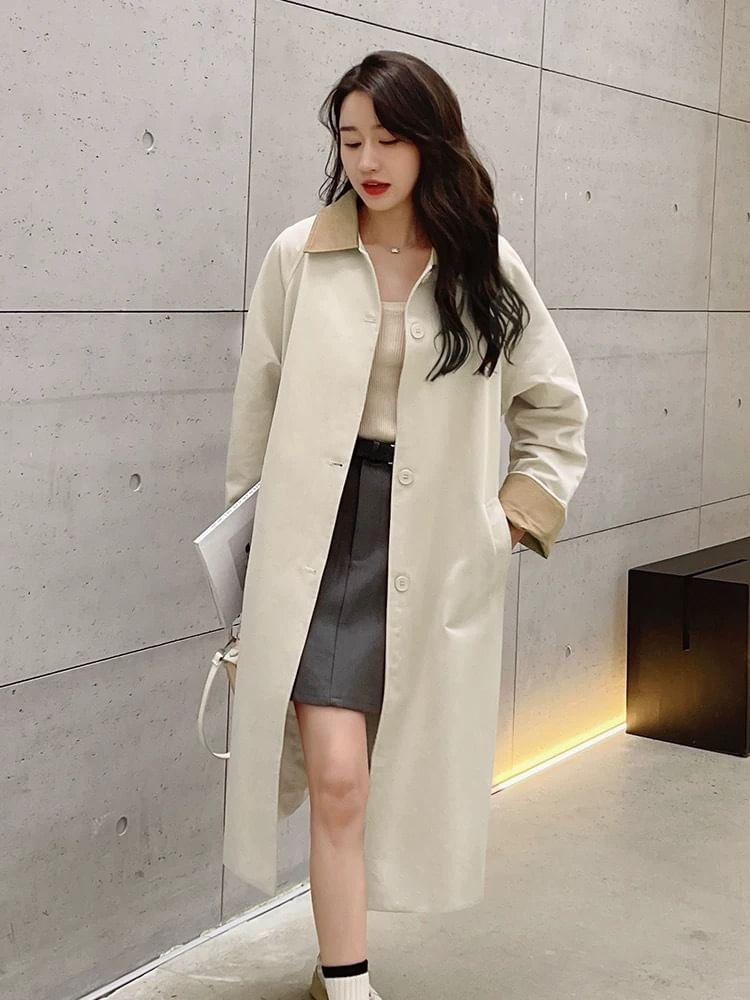 Collared Button-Up Long Trench Coat product image