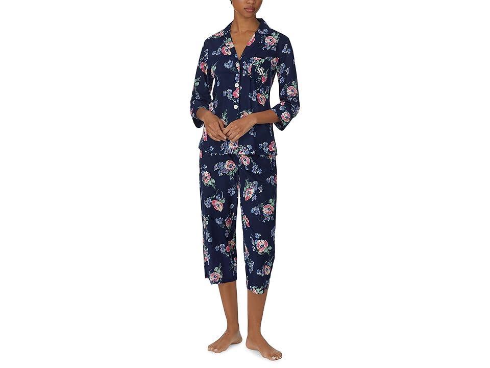 Lauren Ralph Lauren Woven 3/4 Sleeve Notch Collar Capris PJ Set Floral) Women's Pajama Sets Product Image