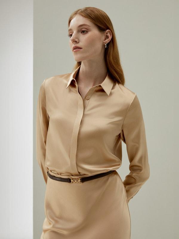 Basic Concealed Placket Silk Shirt Product Image