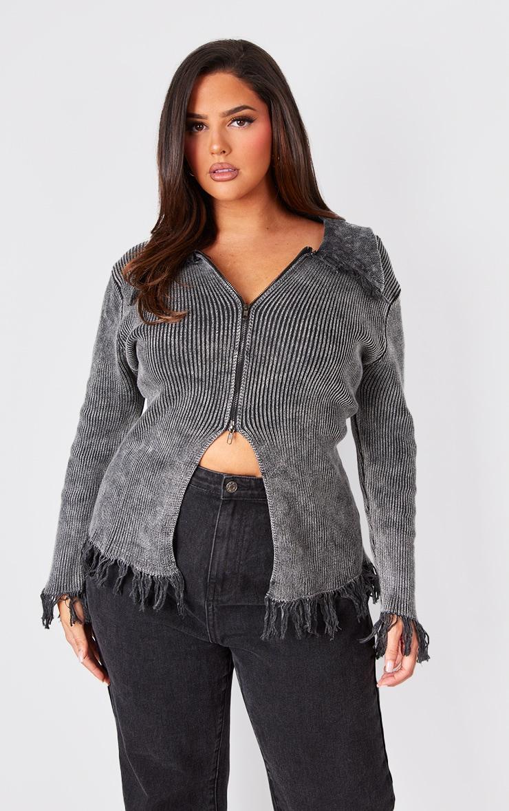 Plus Washed Grey Distressed Knit Split Hem Sweater Product Image