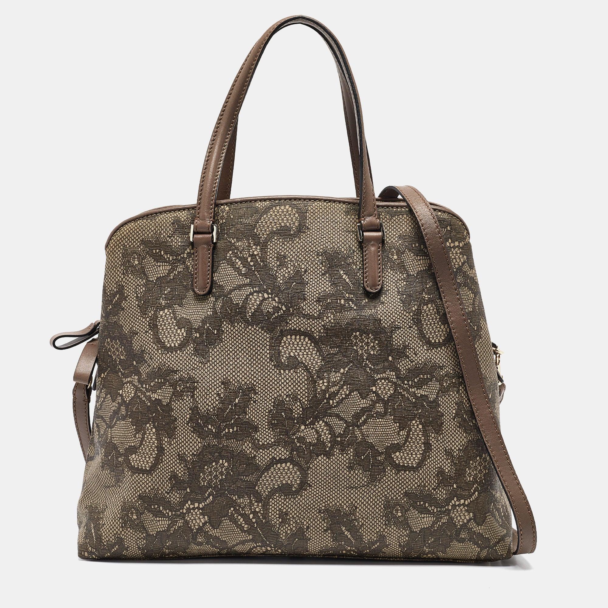 VALENTINO GARAVANI Beige Lace Print Leather Zip Satchel Product Image