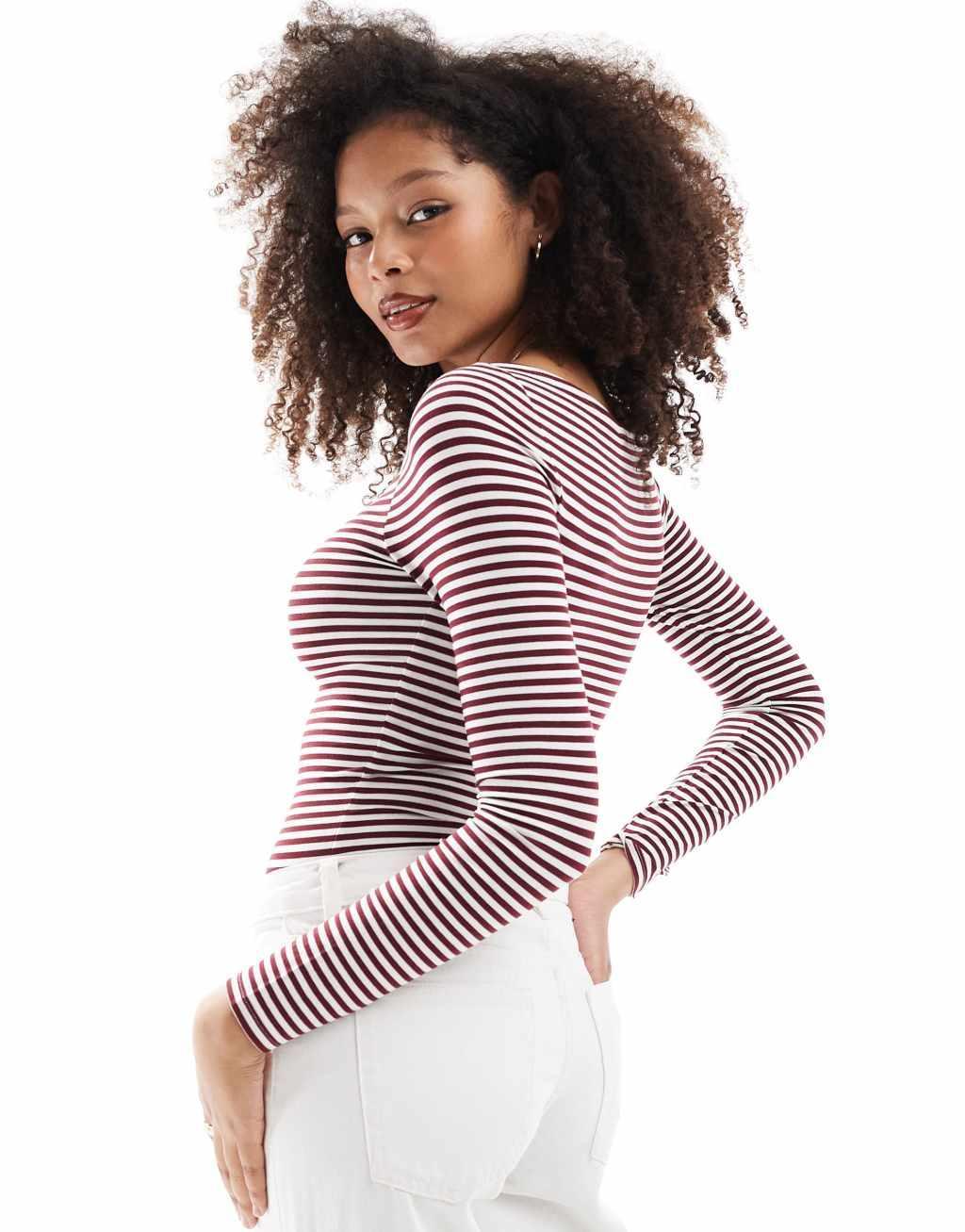 Miss Selfridge long sleeve boat neck bodysuit in stripe Product Image