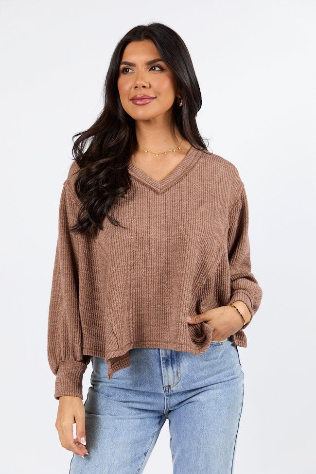 Never Say Never Mocha Ribbed Knit V-Neck Long Sleeve Top Product Image