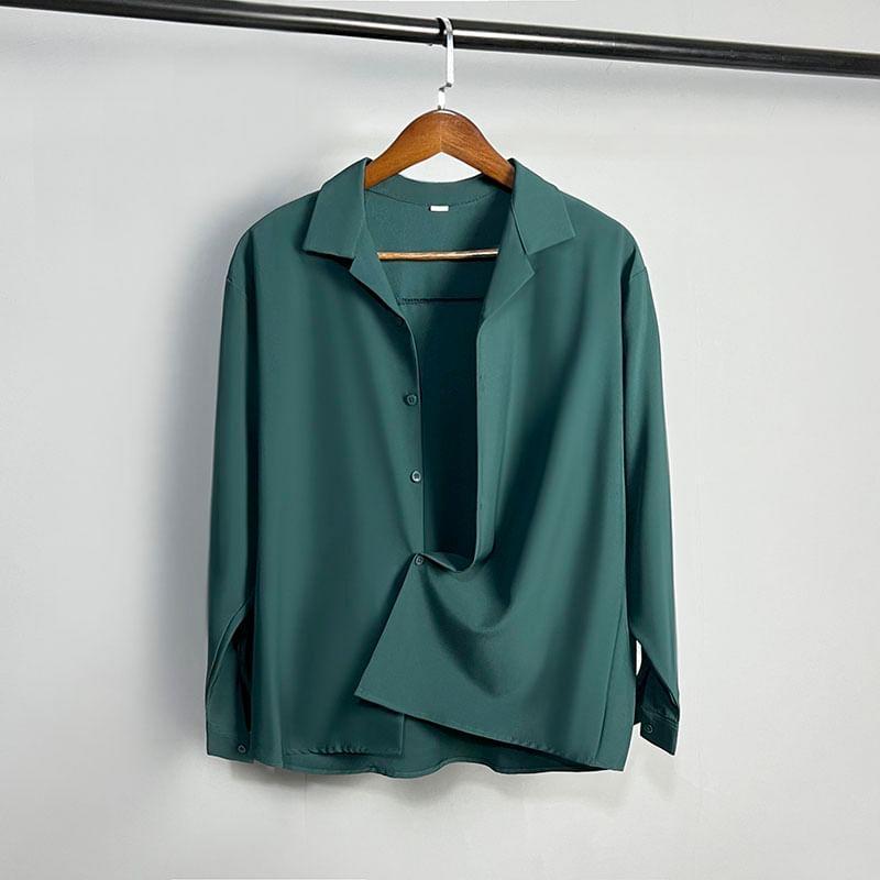 Long-Sleeve Lapel Collar Plain Button-Up Shirt Product Image