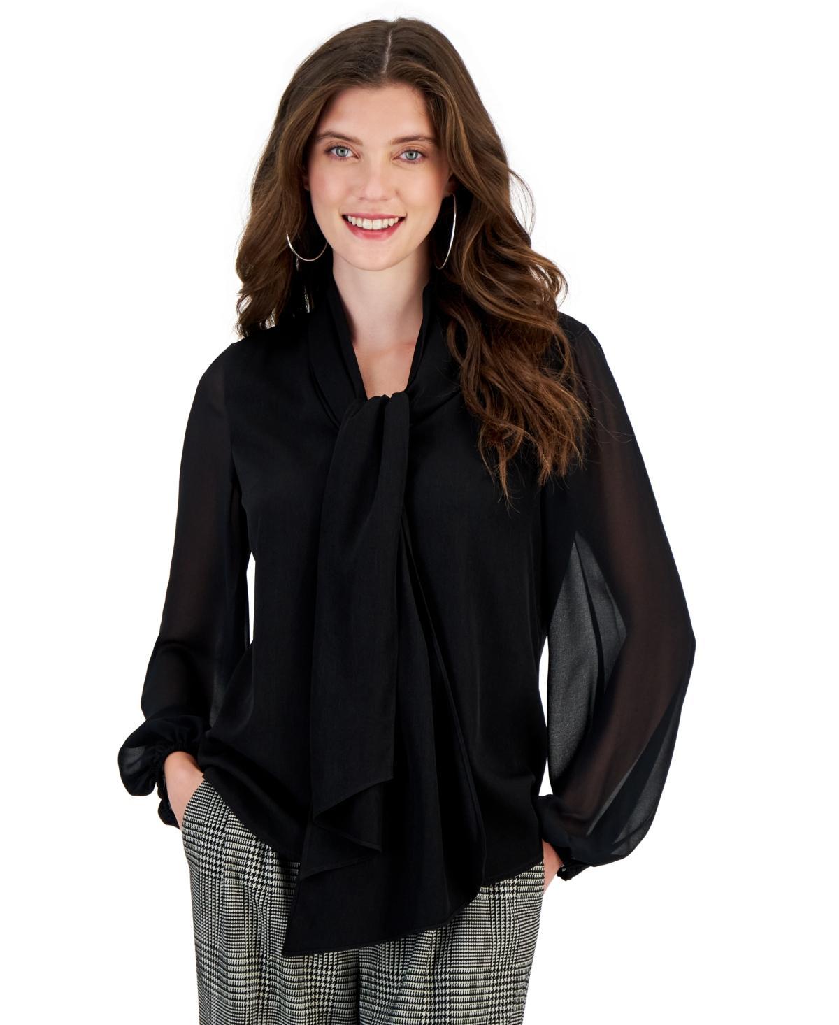 Bar Iii Womens Tie-Neck Sheer-Long-Sleeve Blouse, Created for Macys Product Image