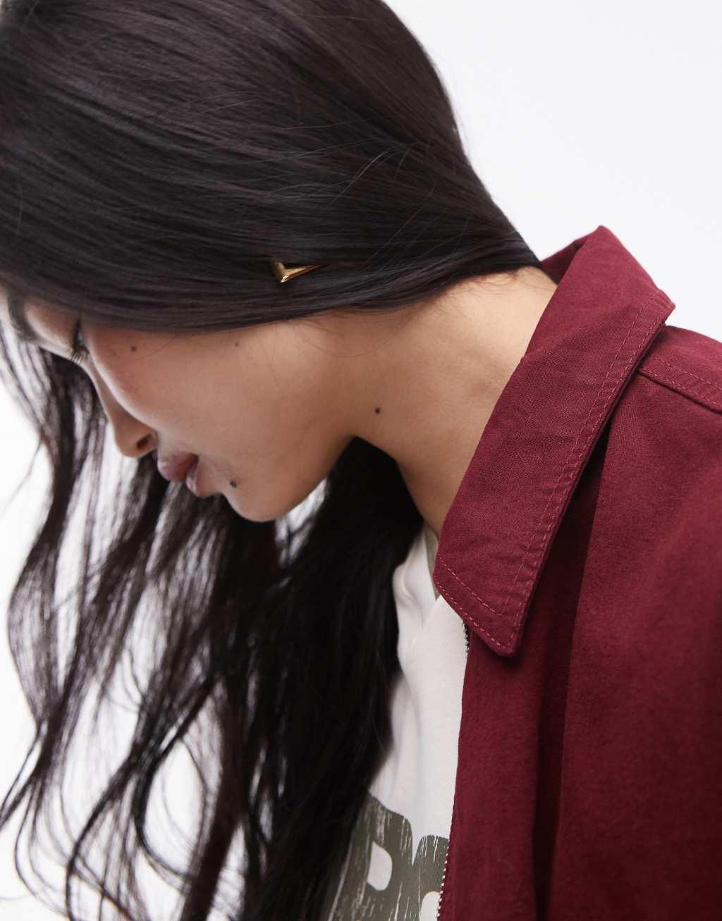 Topshop oversized cotton collar bomber jacket in burgundy Product Image