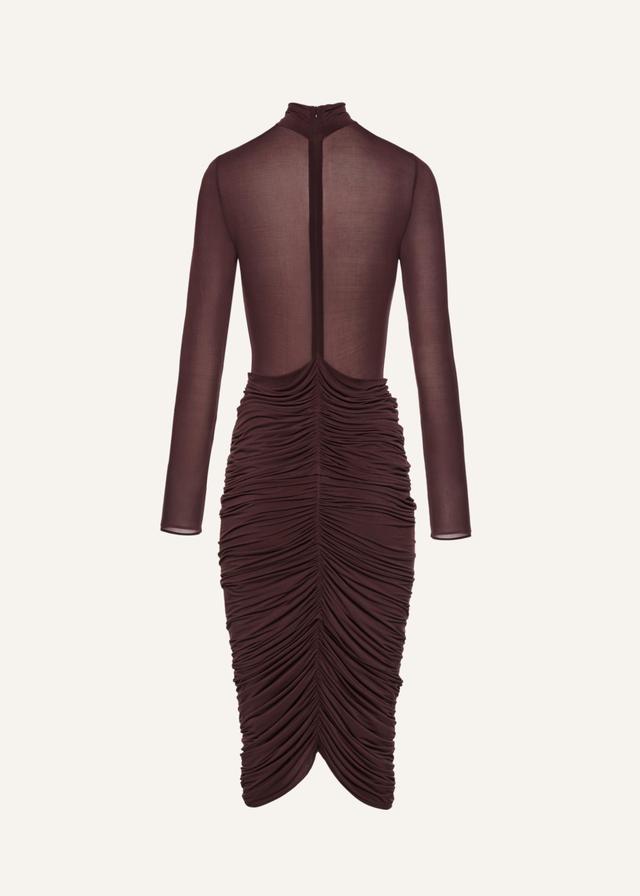 Sheer high neck midi dress in burgundy Product Image